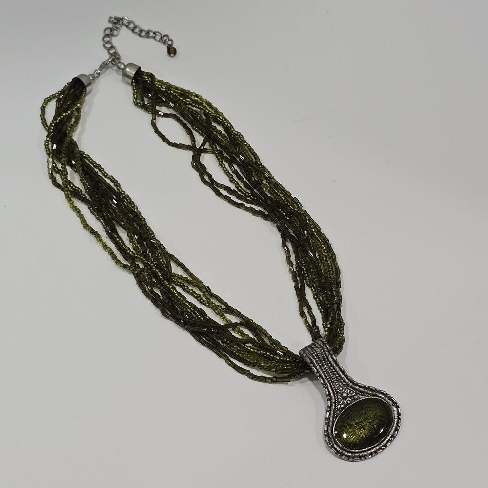 Green Seed Bead Multi Strand Silver Tone Enamel Pendant Necklace - Picture 13 of 13